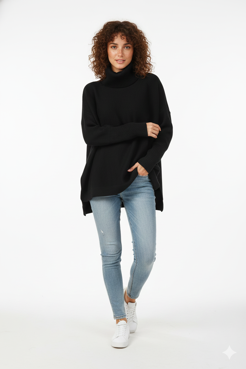 Pull col roulé oversize femme, bords-côtes larges, neuf coloris, noir