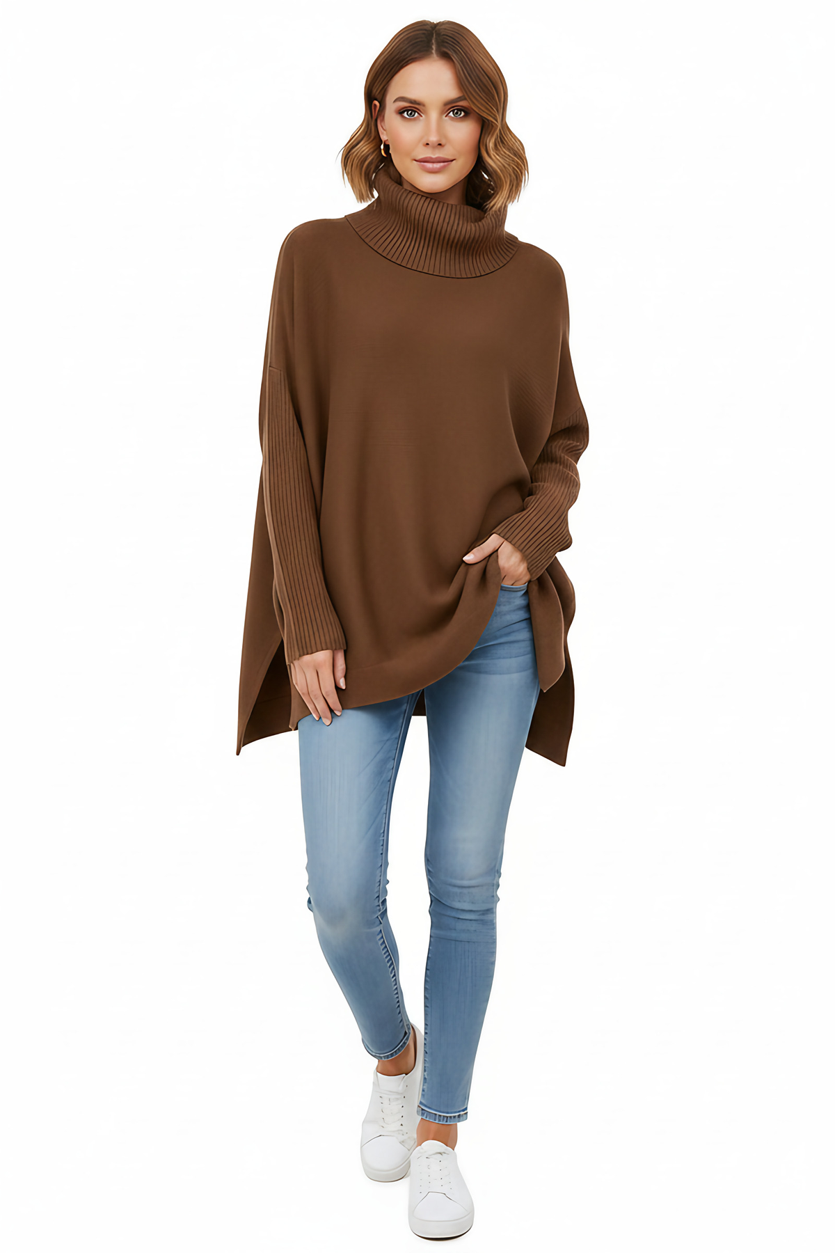 Pull col roulé oversize femme, bords-côtes larges, neuf coloris, marron