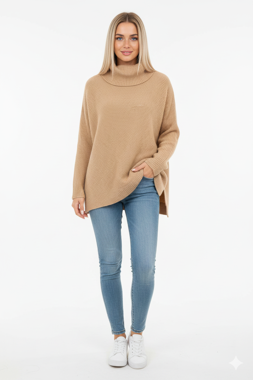 Pull col roulé oversize femme, bords-côtes larges, neuf coloris, kaki