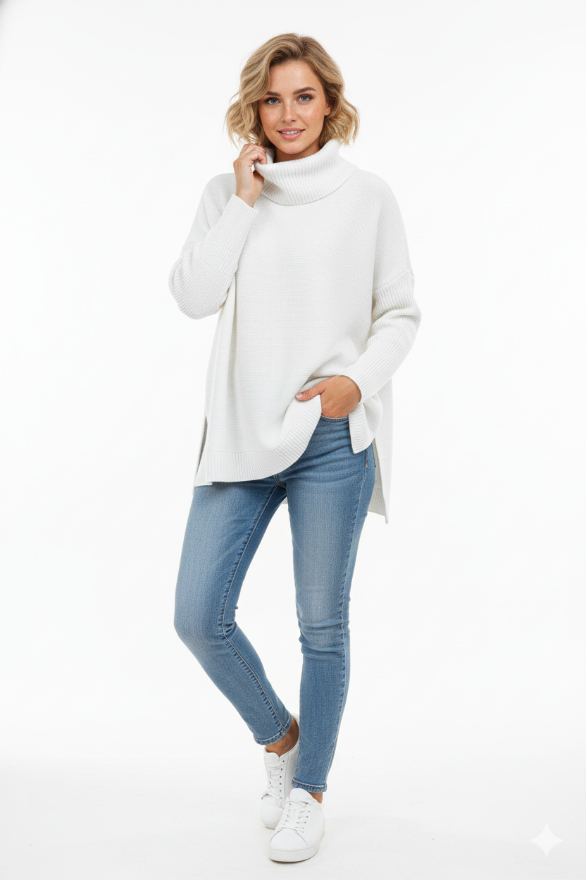 Pull col roulé oversize femme, bords-côtes larges, neuf coloris, blanc