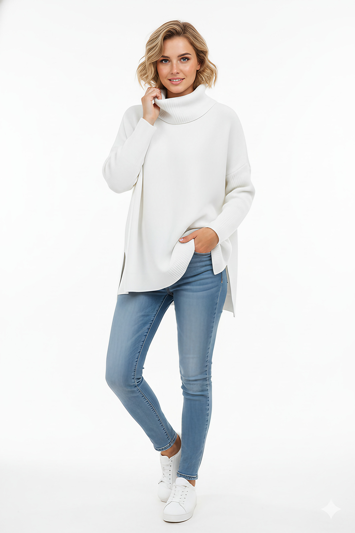 Pull col roulé oversize femme, bords-côtes larges, neuf coloris, blanc