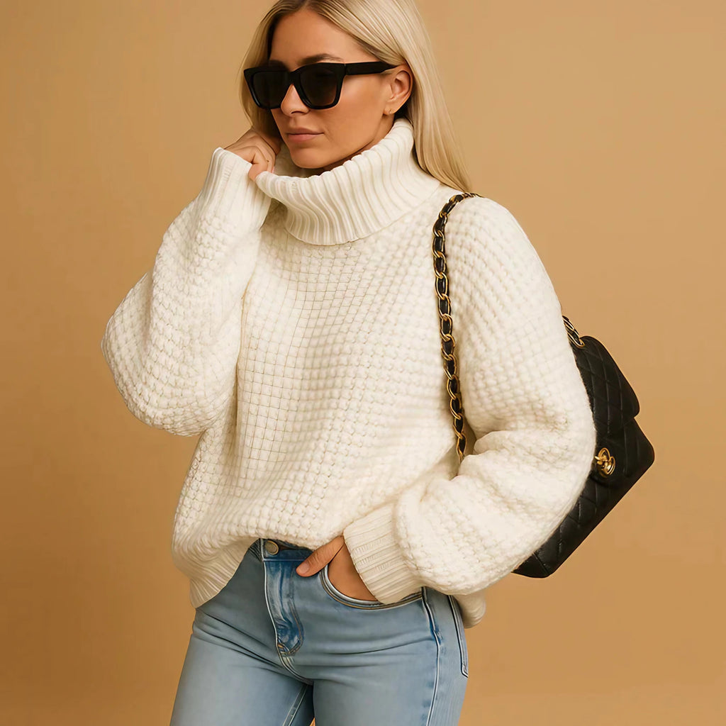 Pull col roulé femme coupe ample, quatre coloris, du XS au 3XL, blanc