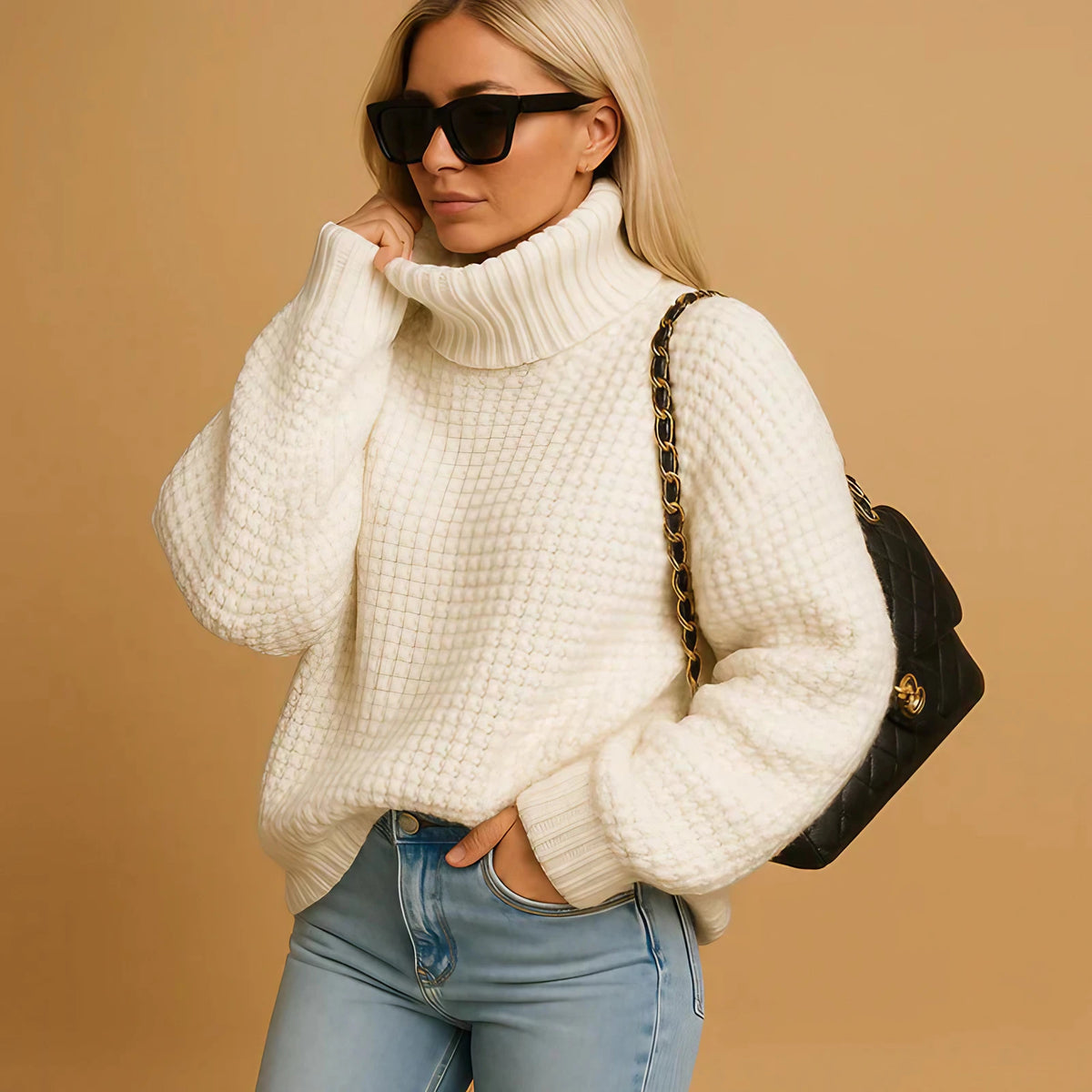 Pull col roulé femme coupe ample, quatre coloris, du XS au 3XL, blanc