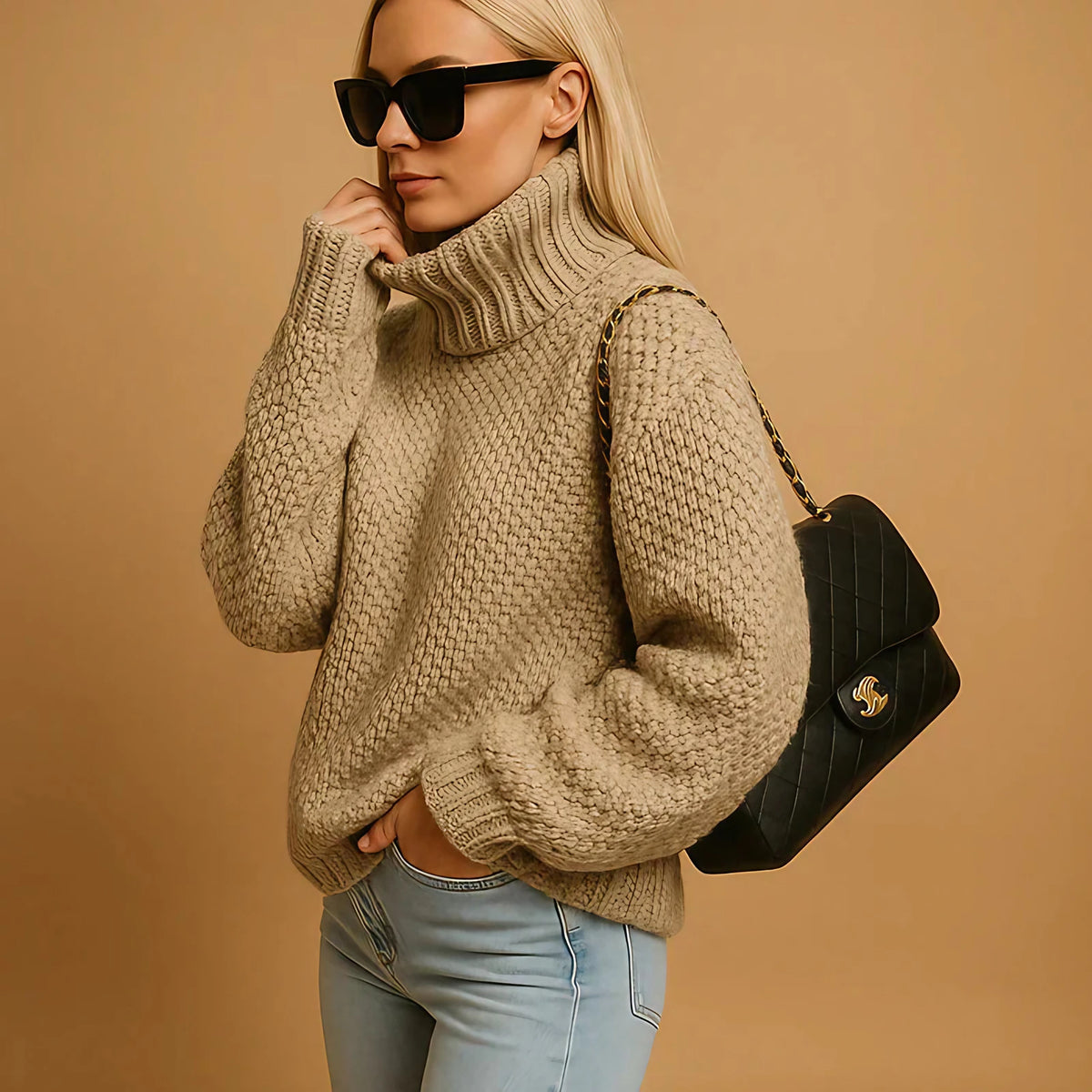 Pull col roulé femme coupe ample, quatre coloris, du XS au 3XL, kaki