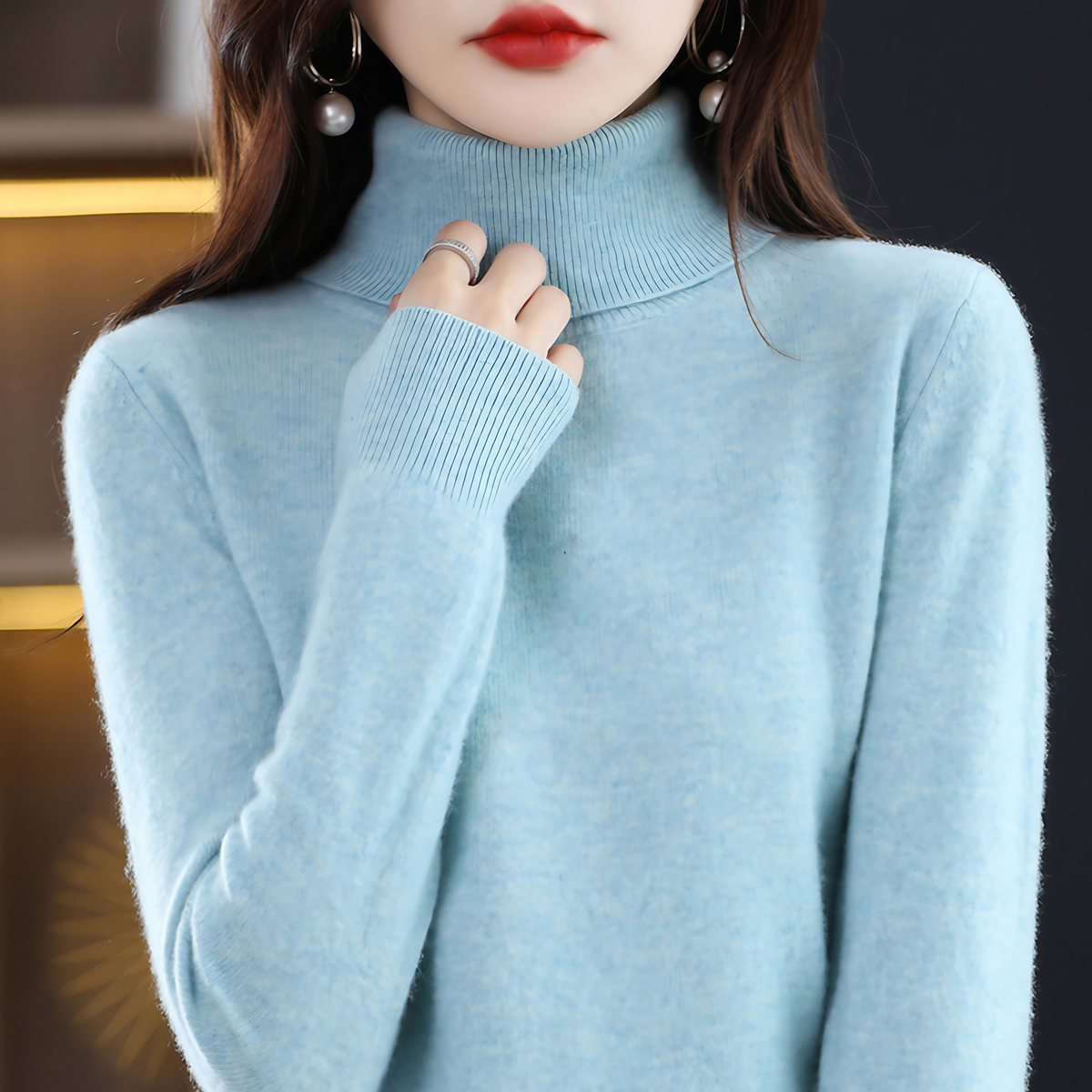Pull col roulé femme coupe régulière, quatorze coloris, du S au 3XL, bleu clair