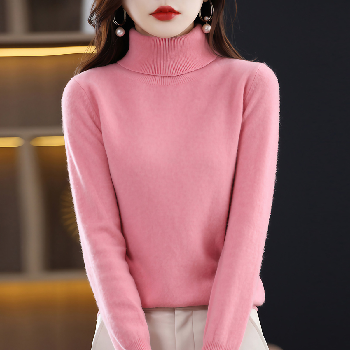 Pull col roulé femme coupe régulière, quatorze coloris, du S au 3XL, rose