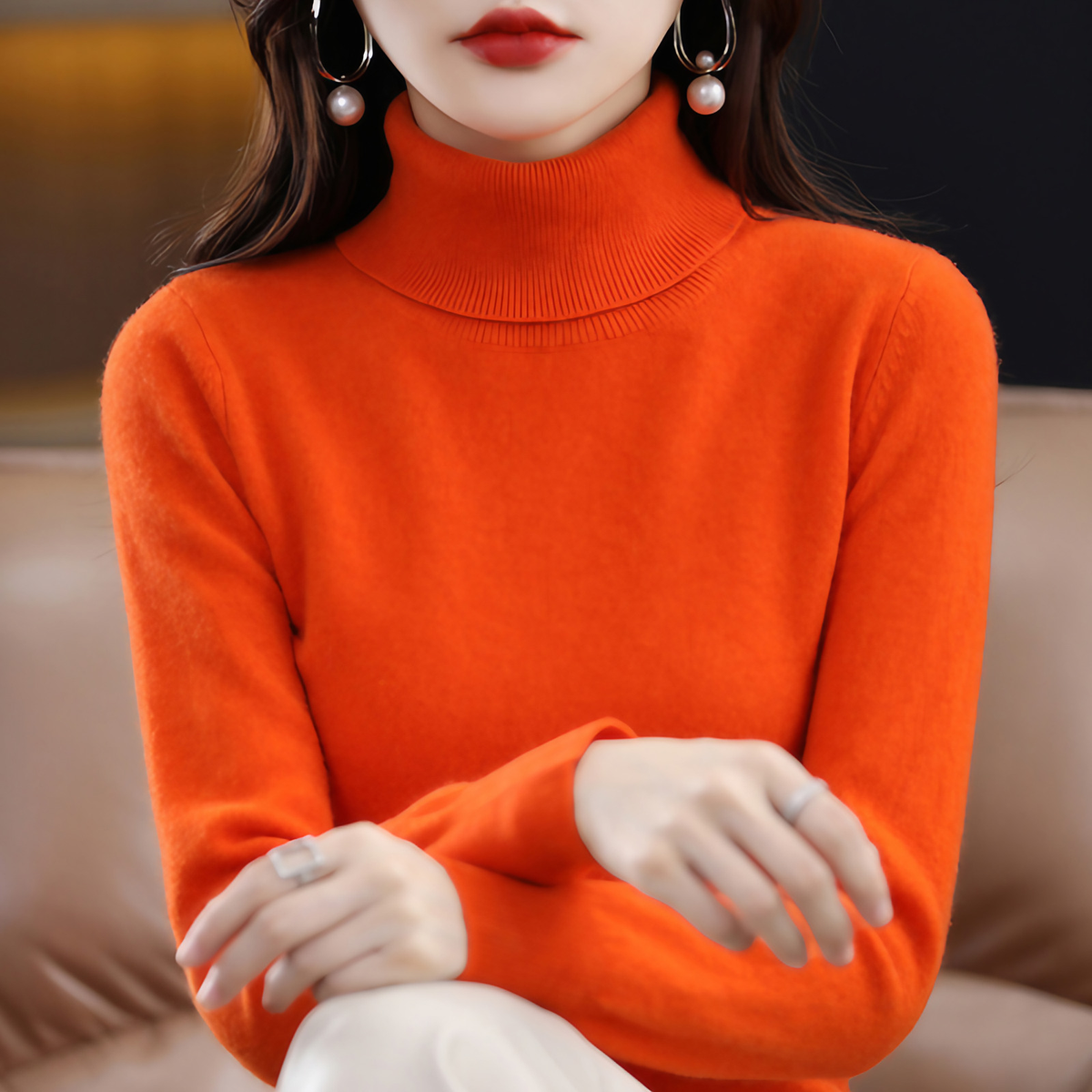 Pull col roulé femme coupe régulière, quatorze coloris, du S au 3XL, orange