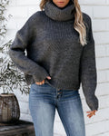 Pull col roulé femme coupe ample, poignets côtelés, gris foncé
