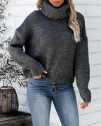 Pull col roulé femme coupe ample, poignets côtelés, gris foncé