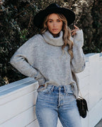 Pull col roulé femme coupe ample, poignets côtelés, gris