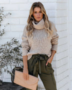 Pull col roulé femme coupe ample, poignets côtelés, beige