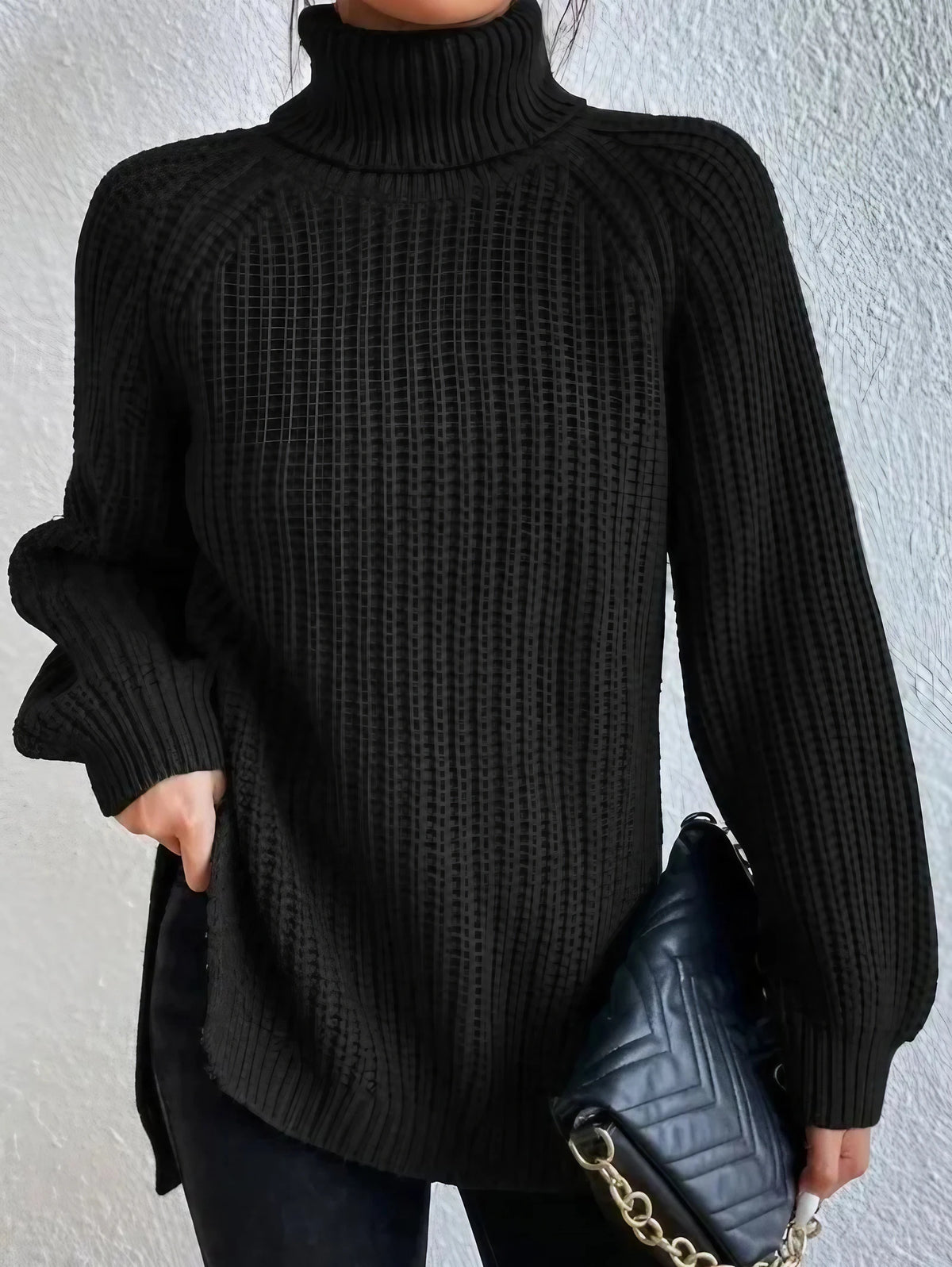 Pull col roulé femme à manches raglan, ourlet fendu, du S au 3XL, noir