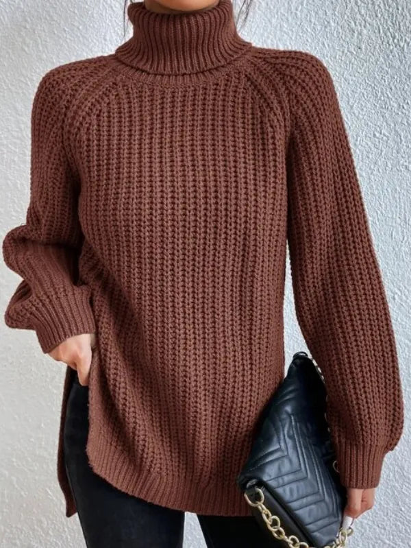 Pull col roulé femme à manches raglan, ourlet fendu, du S au 3XL, marron