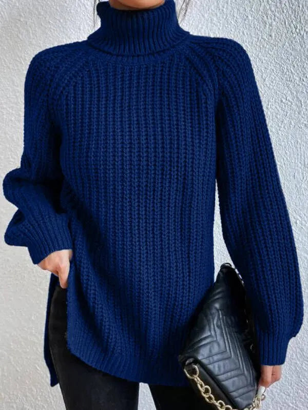 Pull col roulé femme à manches raglan, ourlet fendu, du S au 3XL, bleu foncé
