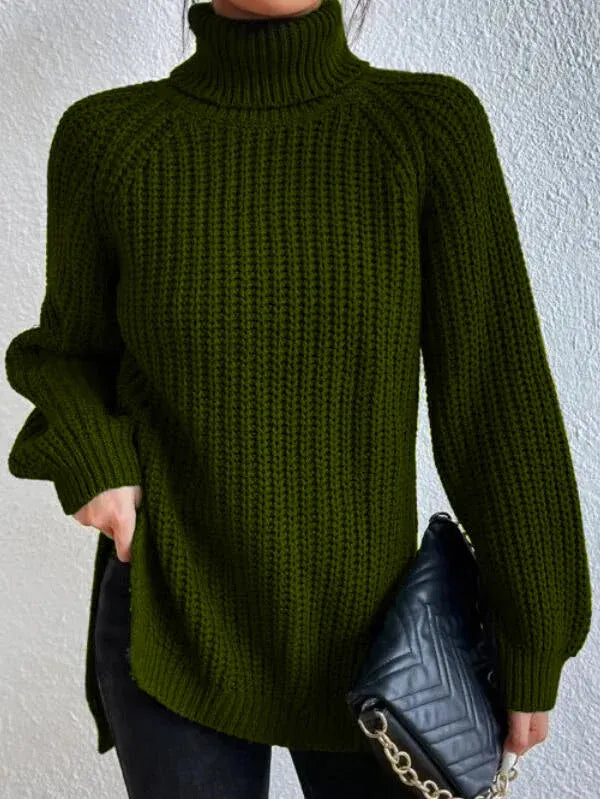 Pull col roulé femme à manches raglan, ourlet fendu, du S au 3XL, vert foncé
