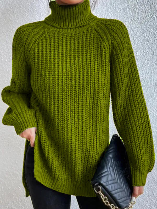 Pull col roulé femme à manches raglan, ourlet fendu, du S au 3XL, vert clair