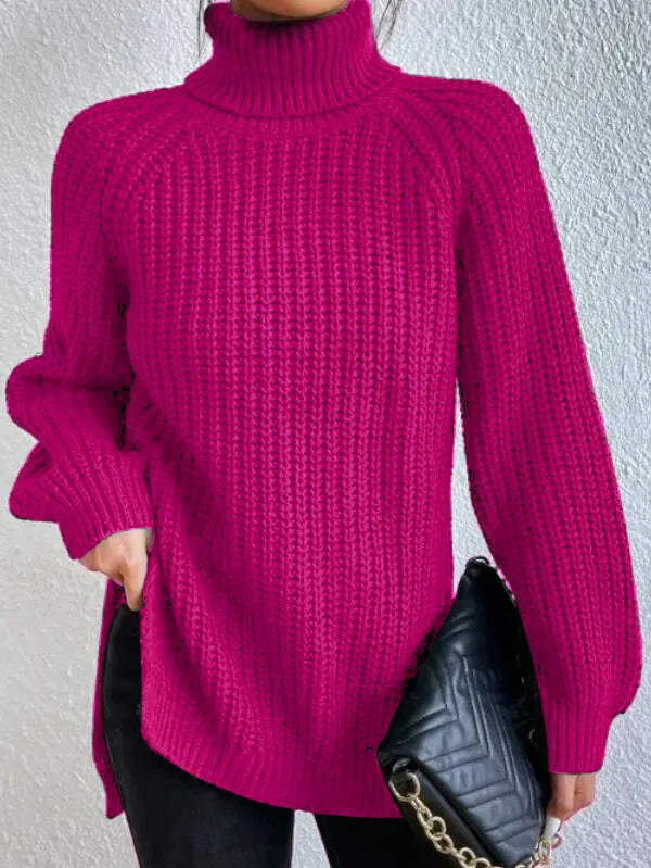 Pull col roulé femme à manches raglan, ourlet fendu, du S au 3XL, rose