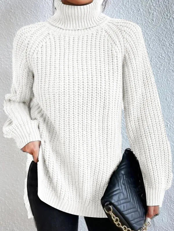 Pull col roulé femme à manches raglan, ourlet fendu, du S au 3XL, blanc