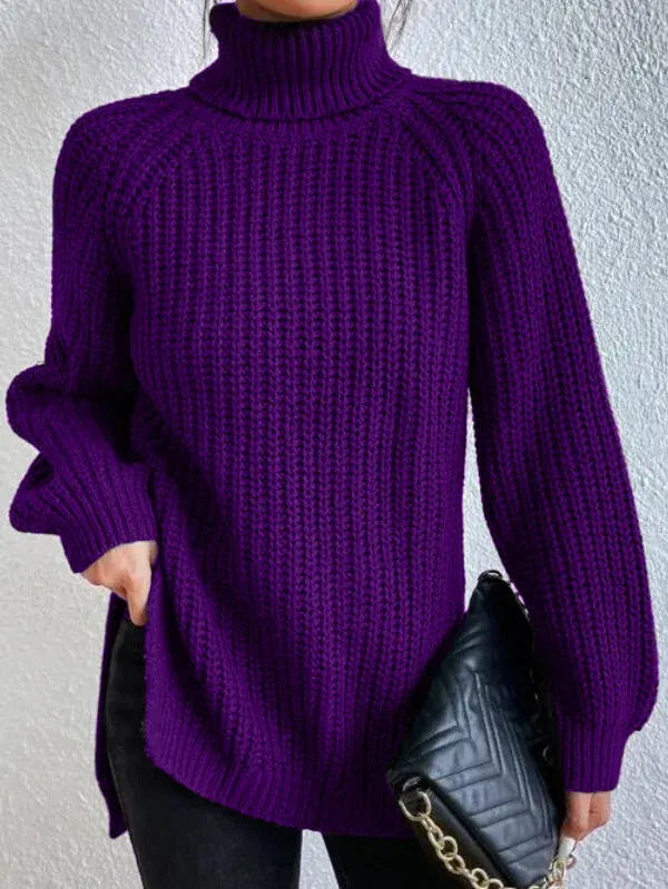 Pull col roulé femme à manches raglan, ourlet fendu, du S au 3XL, violet