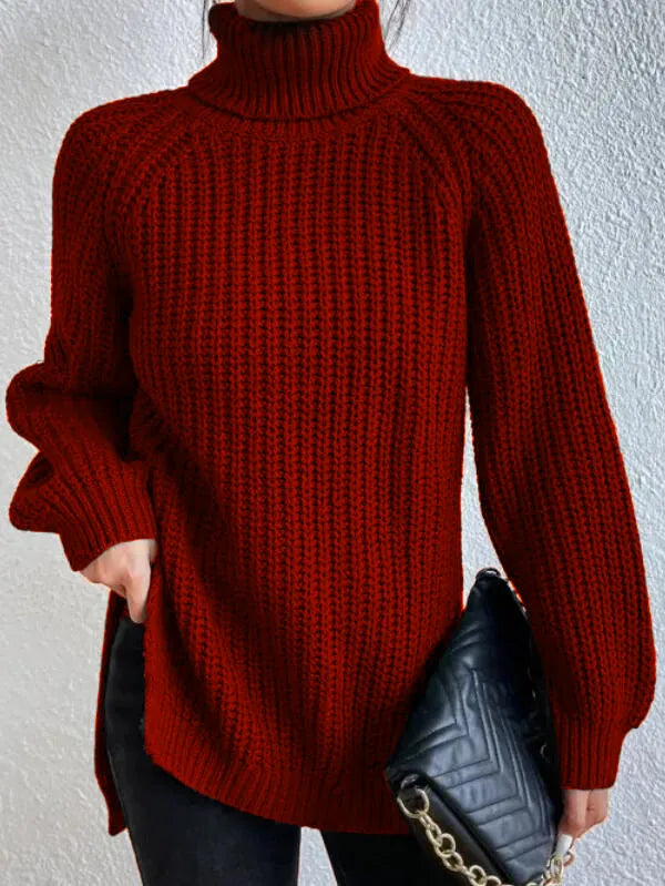 Pull col roulé femme à manches raglan, ourlet fendu, du S au 3XL, rouge
