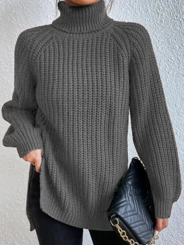 Pull col roulé femme à manches raglan, ourlet fendu, du S au 3XL, gris