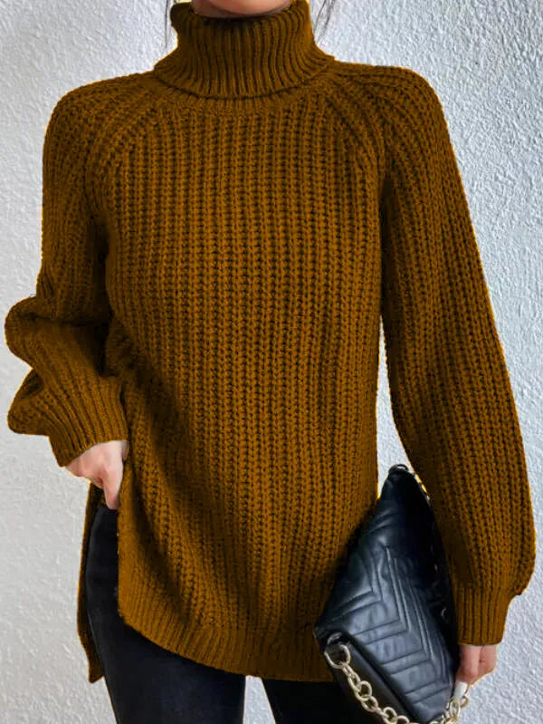 Pull col roulé femme à manches raglan, ourlet fendu, du S au 3XL, marron foncé