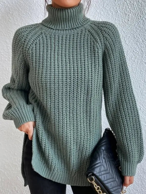 Pull col roulé femme à manches raglan, ourlet fendu, du S au 3XL, vert