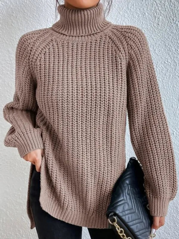 Pull col roulé femme à manches raglan, ourlet fendu, du S au 3XL, kaki