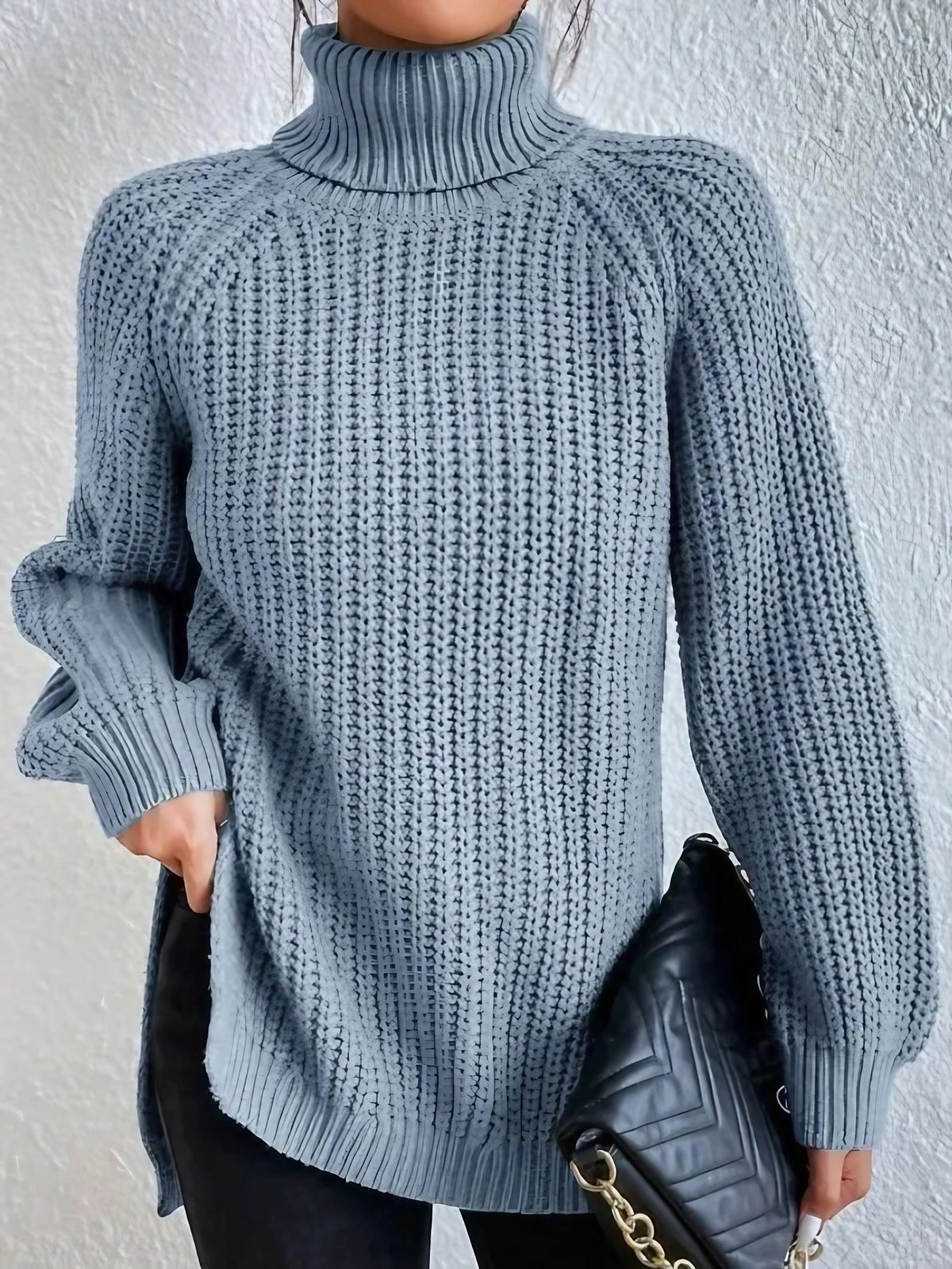 Pull col roulé femme à manches raglan, ourlet fendu, du S au 3XL, bleu clair