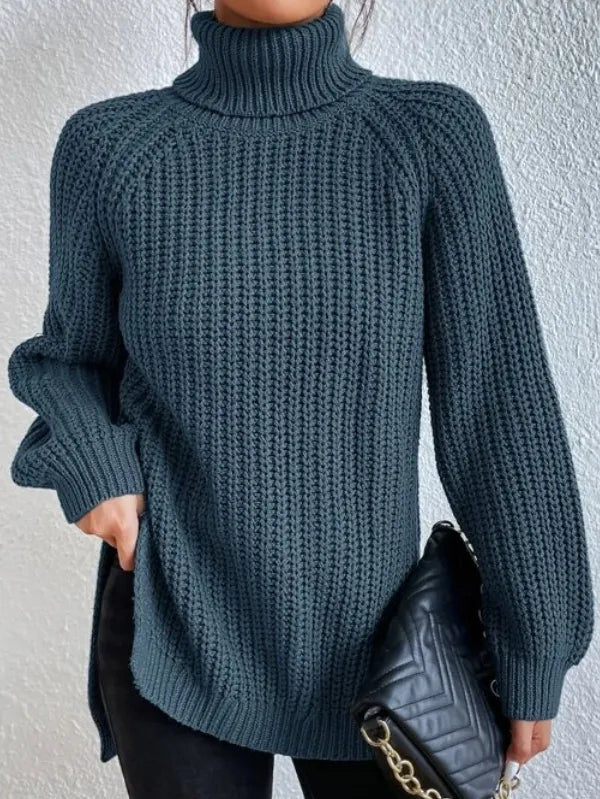 Pull col roulé femme à manches raglan, ourlet fendu, du S au 3XL, bleu