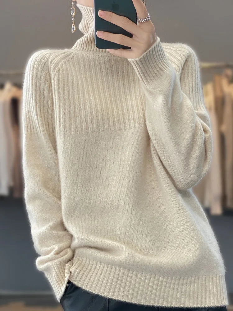 Pull col roulé femme à détails côtelés, neuf coloris, XS au 3XL