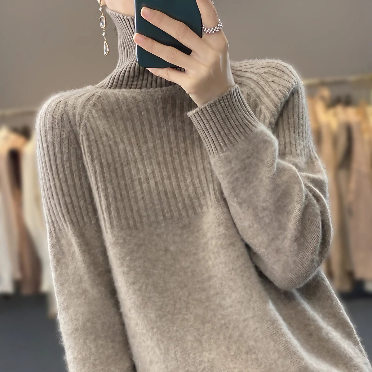 Pull col roulé femme à détails côtelés, neuf coloris, XS au 3XL, kaki