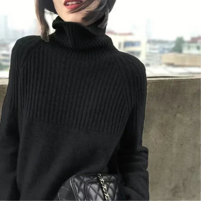 Pull col roulé femme à détails côtelés, neuf coloris, XS au 3XL, noir