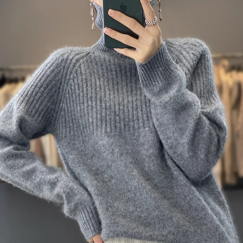 Pull col roulé femme à détails côtelés, neuf coloris, XS au 3XL, gris foncé