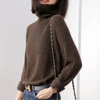 Pull col roulé femme à détails côtelés, neuf coloris, XS au 3XL, marron
