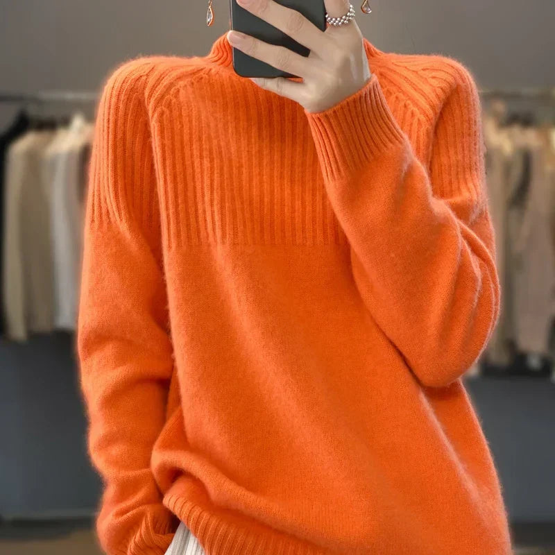 Pull col roulé femme à détails côtelés, neuf coloris, XS au 3XL, orange