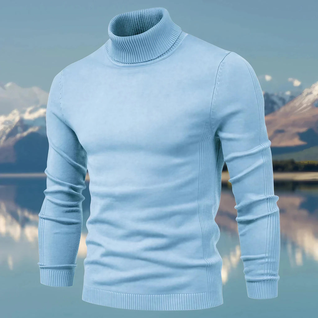 Pull col roulé homme coupe ajustée, finitions côtelées, bleu clair