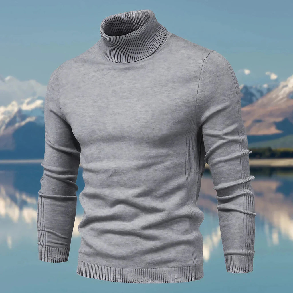 Pull col roulé homme coupe ajustée, finitions côtelées, gris