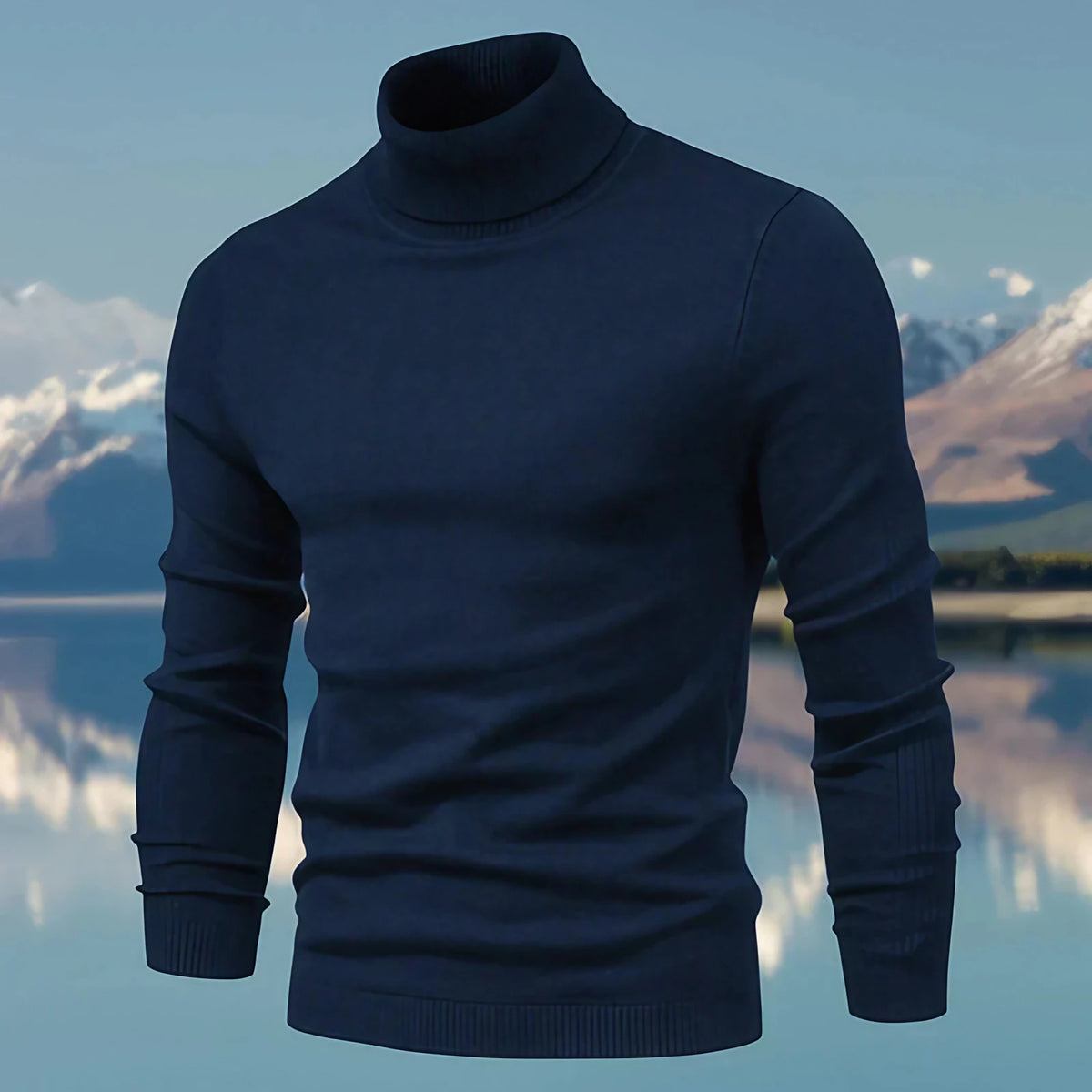 Pull col roulé homme coupe ajustée, finitions côtelées, bleu marine