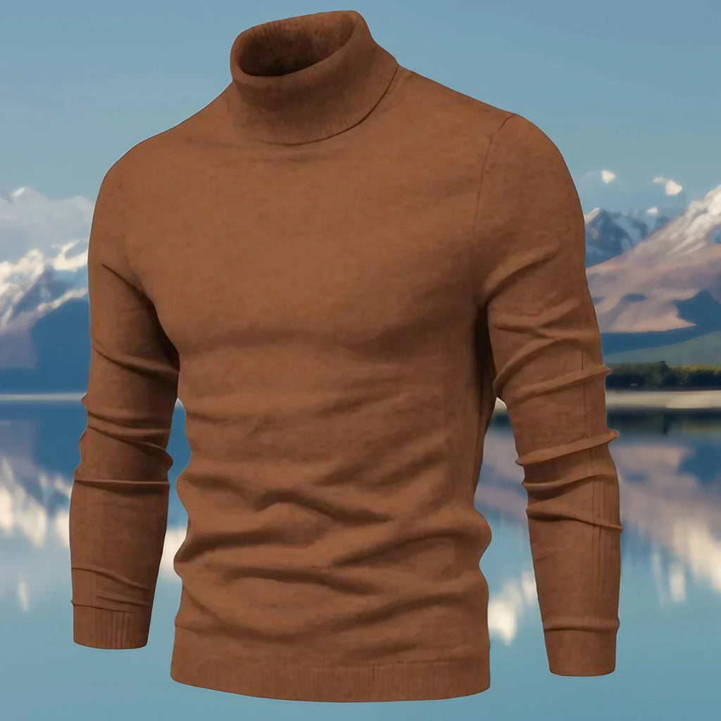 Pull col roulé homme coupe ajustée, finitions côtelées, marron