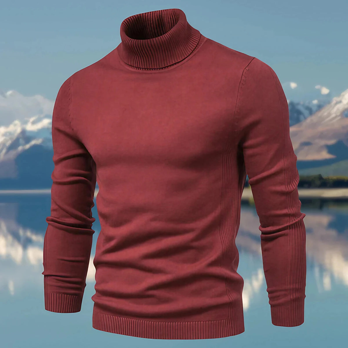 Pull col roulé homme coupe ajustée, finitions côtelées, rouge
