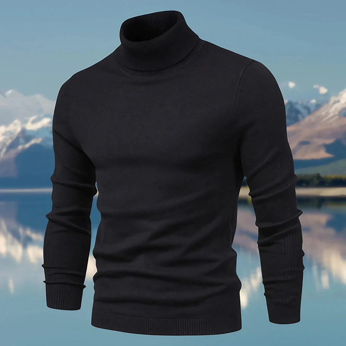 Pull col roulé homme coupe ajustée, finitions côtelées, noir