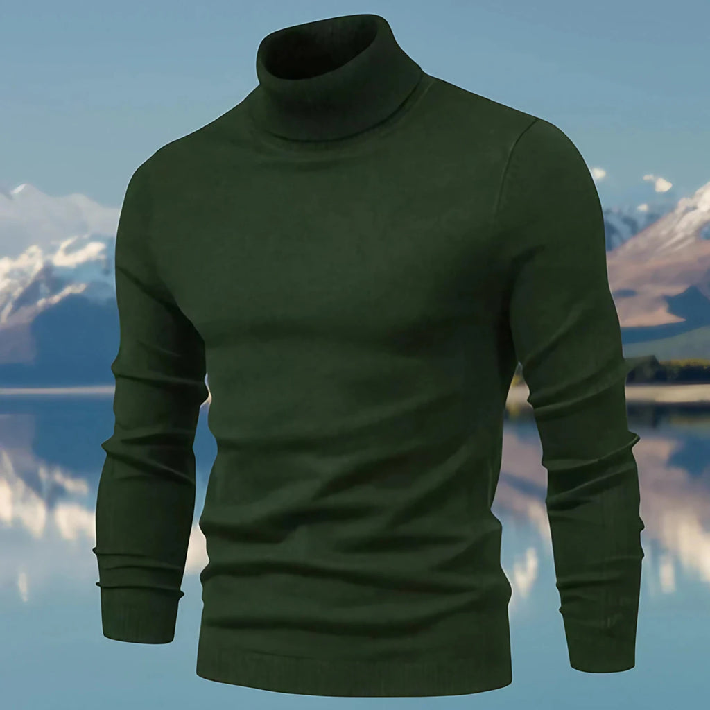 Pull col roulé homme coupe ajustée, finitions côtelées, vert foncé