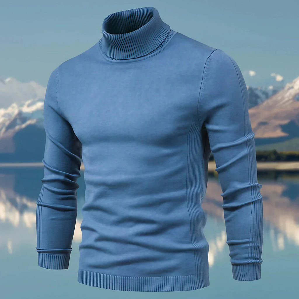 Pull col roulé homme coupe ajustée, finitions côtelées, bleu 02