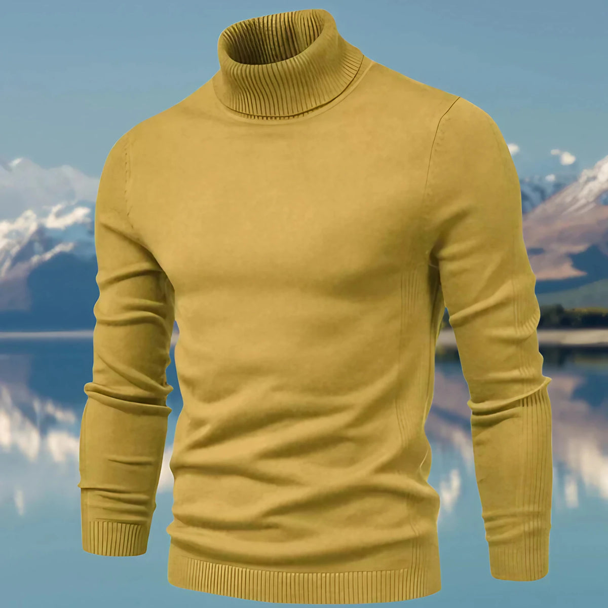 Pull col roulé homme coupe ajustée, finitions côtelées, jaune