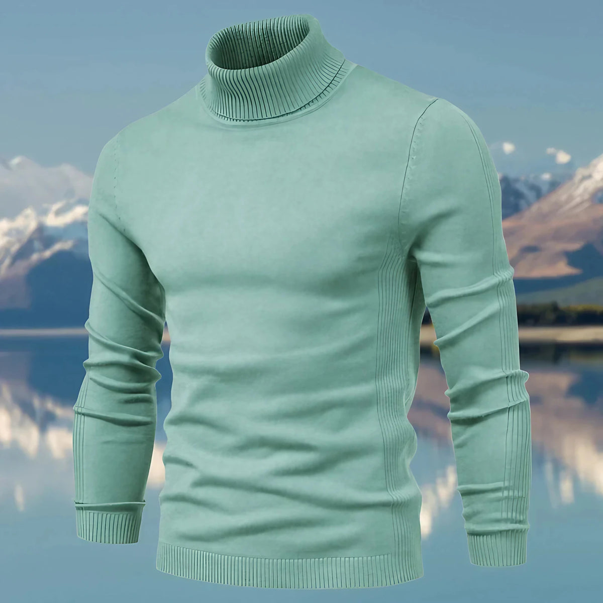 Pull col roulé homme coupe ajustée, finitions côtelées, vert