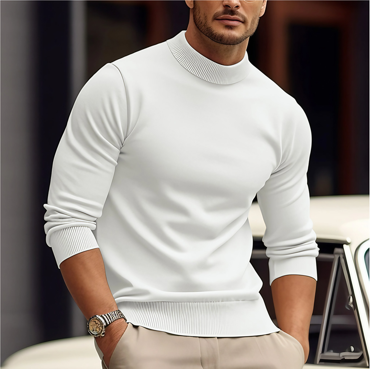 Pull col roulé homme coupe ajustée, du XS au 4XL, blanc