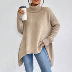 Pull col roulé femme à ourlet asymétrique, ample, du S au 2XL, kaki clair
