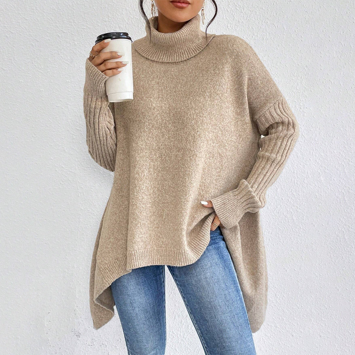 Pull col roulé femme à ourlet asymétrique, ample, du S au 2XL, kaki clair