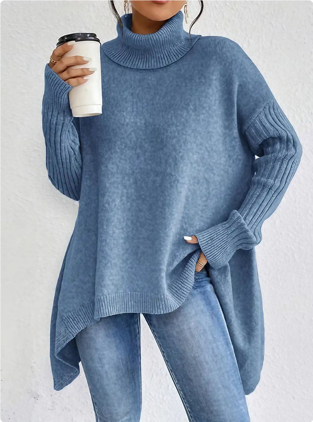 Pull col roulé femme à ourlet asymétrique, ample, du S au 2XL, bleu ciel